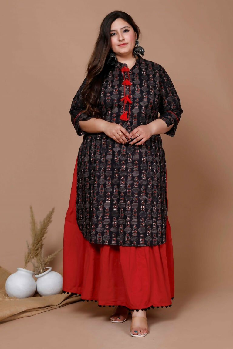 Miravan Women's Plus Size Black Printed Pure Cotton Kurta With Skirt