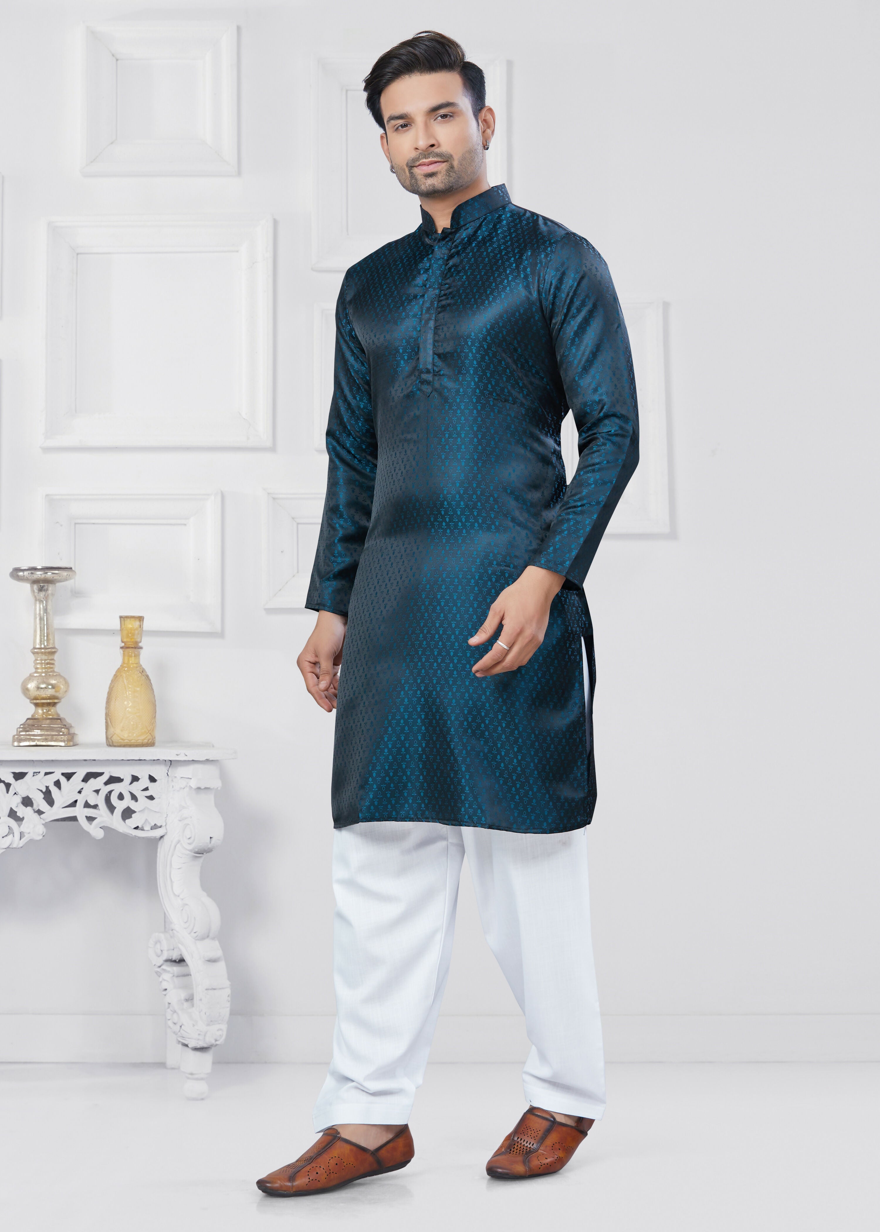 Joban Fashion Men's Jacquard Silk Rama Printed Kurta Pyjama set