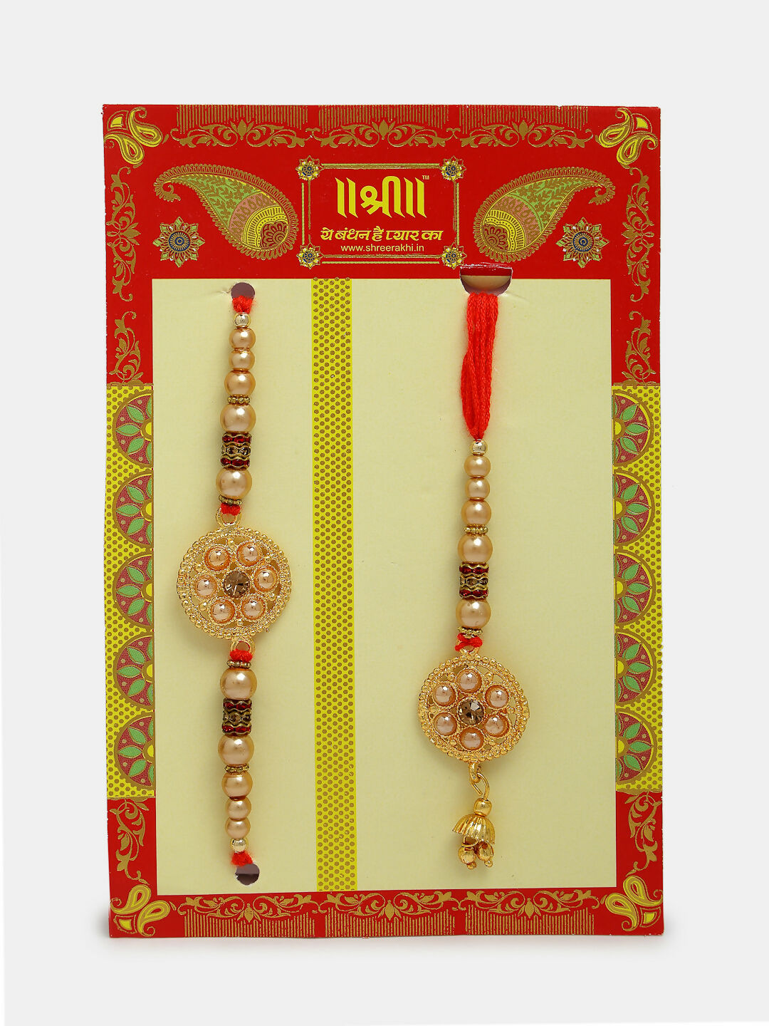 NVR Women & Men Set of 2 Gold-Toned Stone-Studded & Beaded Bhaiya Bhabi Rakhi With Roli Chawal - Distacart