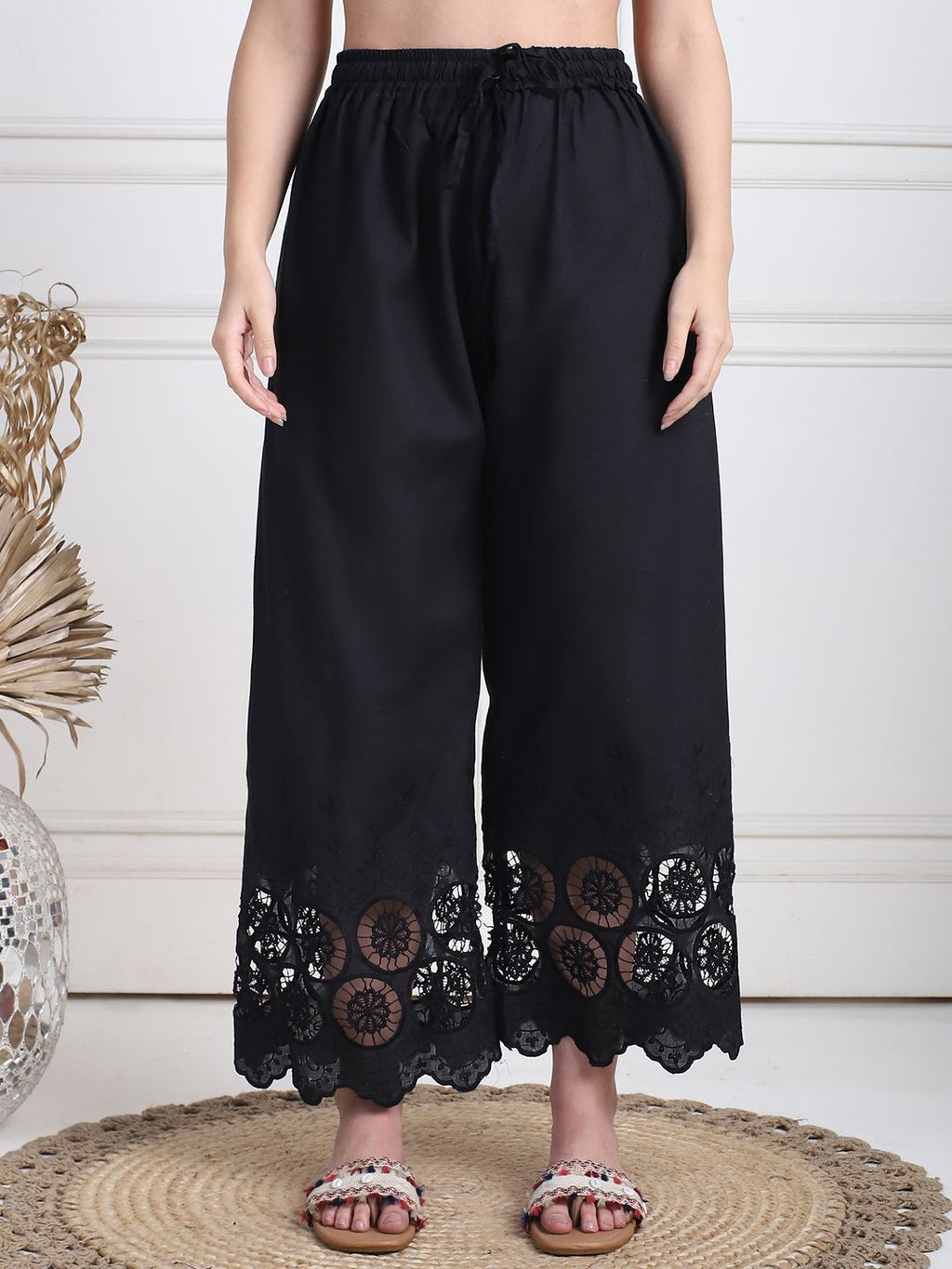 TAG 7 Women Floral Hem Design Flared Ethnic Palazzos