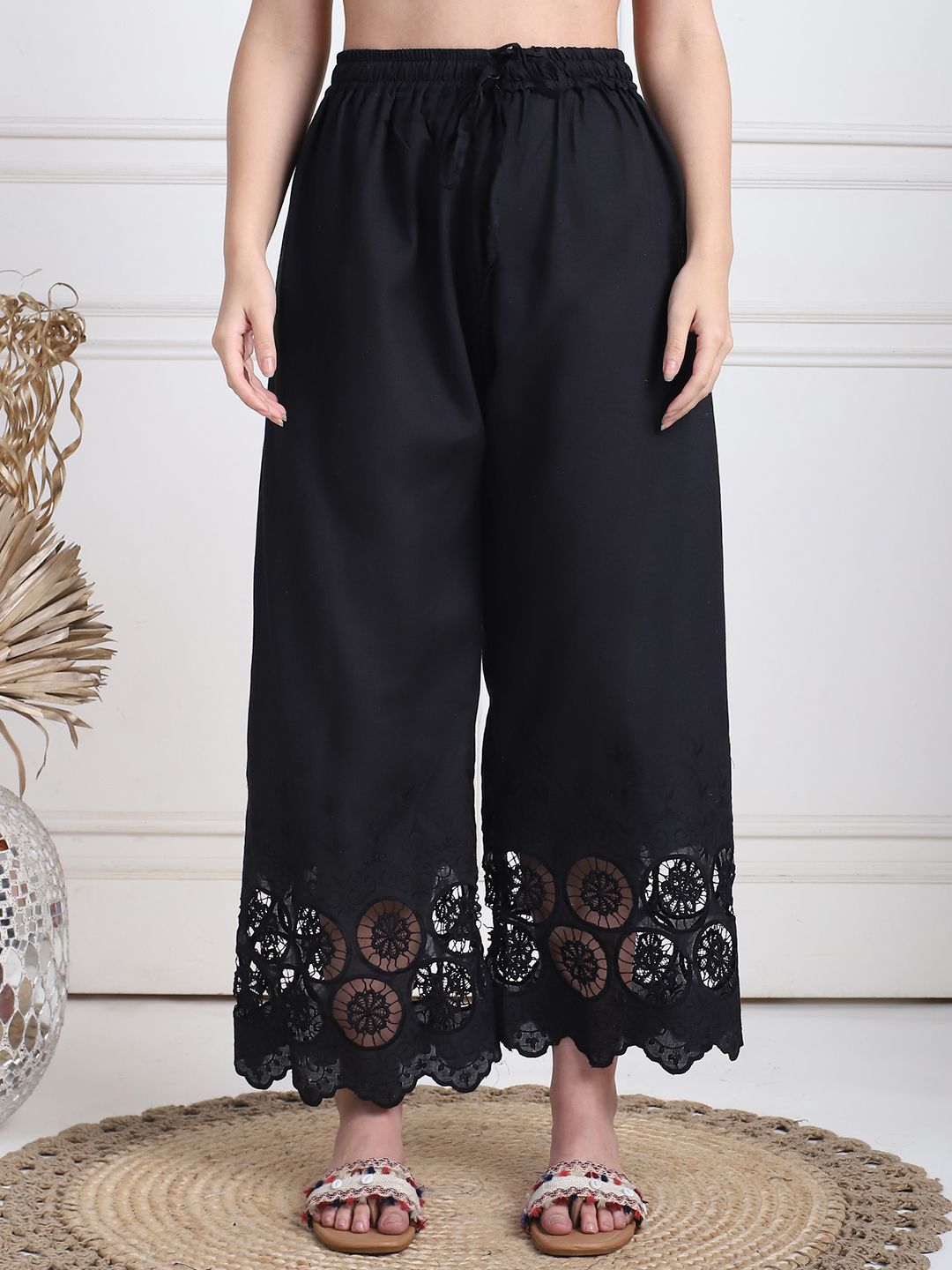 TAG 7 Women Floral Hem Design Flared Ethnic Palazzos