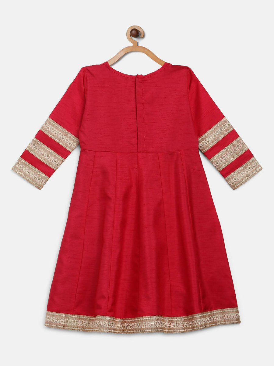 Ahalyaa Red Poly Silk Anarkali Kids Kurta With Dupatta Set For Girls