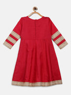 Ahalyaa Red Poly Silk Anarkali Kids Kurta With Dupatta Set For Girls