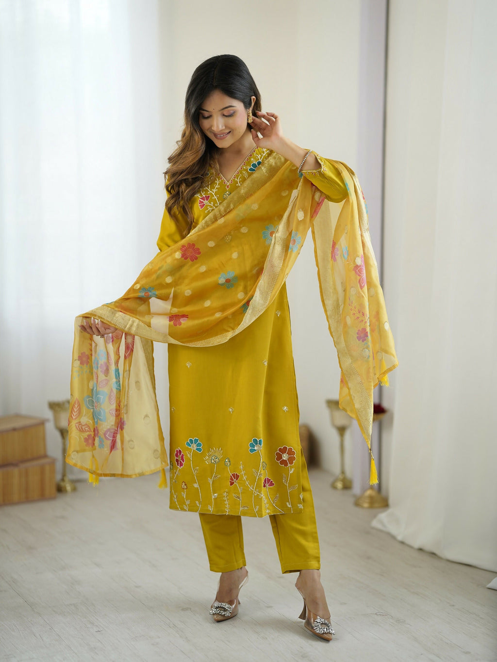 The52 Yellow Women's Gorgeous Embroidered work Viscose Gadhwal Fabric Straight Kurta, Pant and Dupatta Set - Distacart