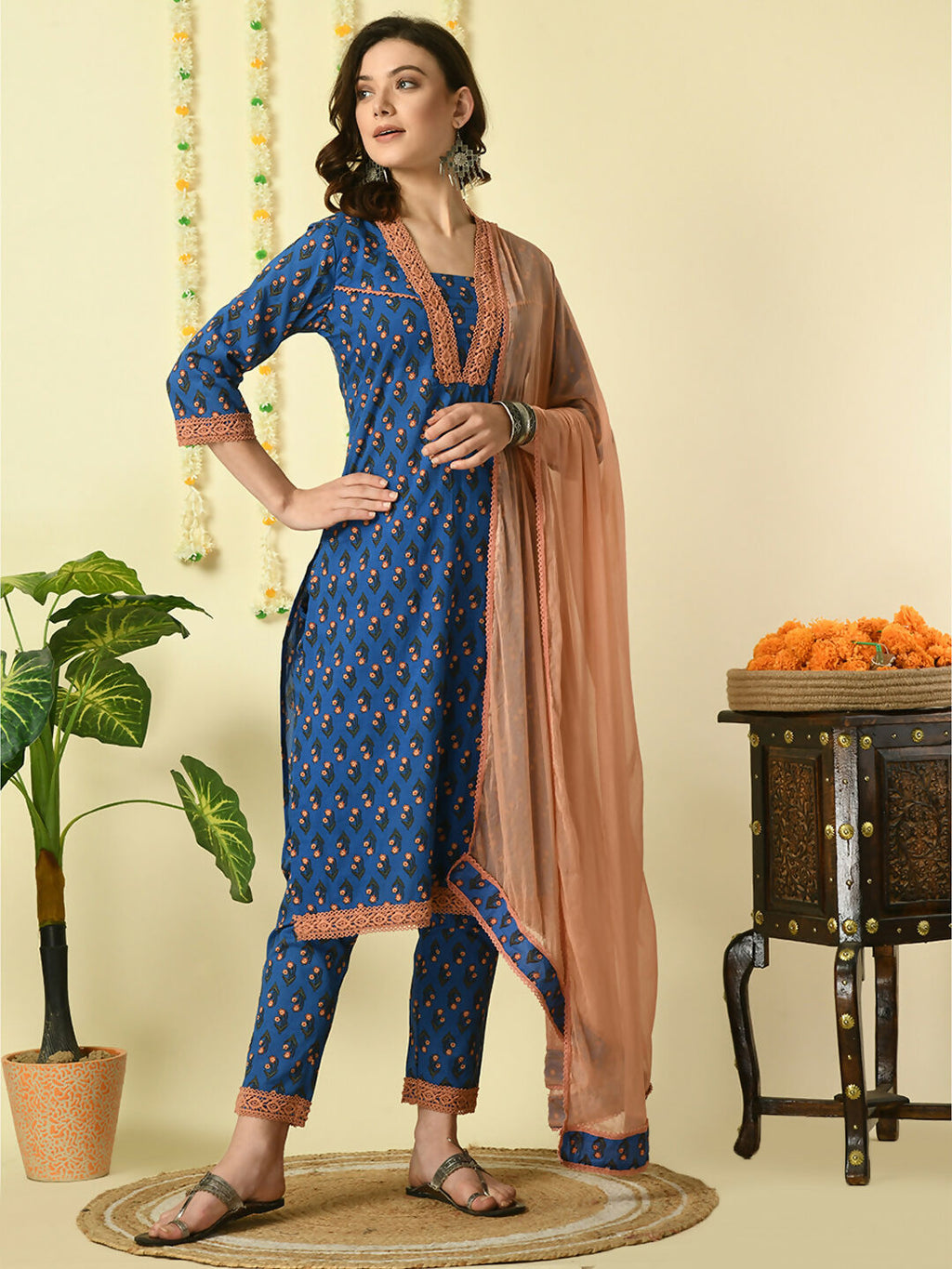 Myshka Women's Blue Pure Cotton Kurta & Trousers With Dupatta Party Sets