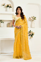 Vastranavya Yellow Digital Printed Linen Ready To Wear Designer Saree with Unstitched Blouse - Distacart