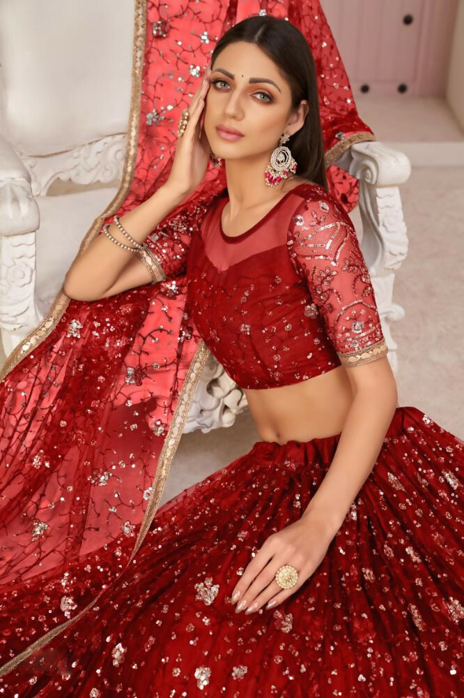 Aastha Fashion Red Butterfly Net All Over Thread Work, Zari Work And Sandwich Sequence Work Embroidery Wedding Wear Lehenga Choli