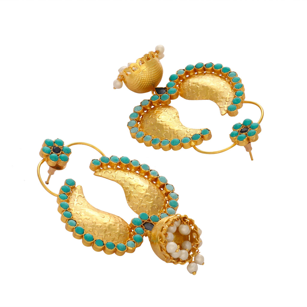 Nuyug 22K Gold Plated Turquoise Stone Studded Contemporary Mini Jhumki Dangler Earrings - Distacart