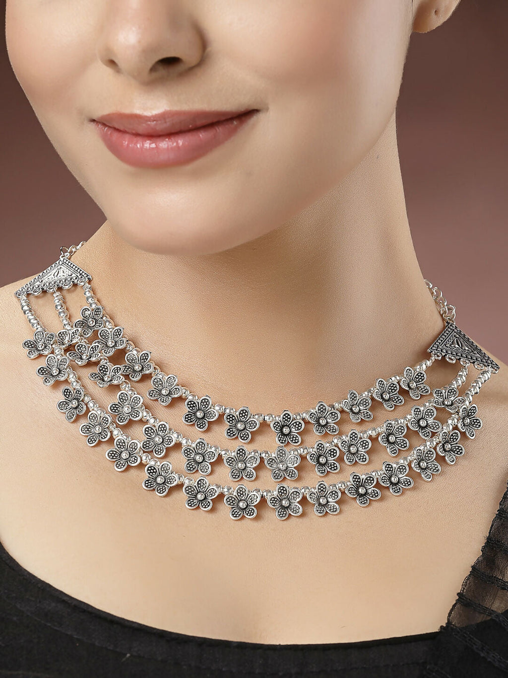 NVR Women's 3 Layered Floral Shape Artificial Beads German Silver Oxidised Necklace