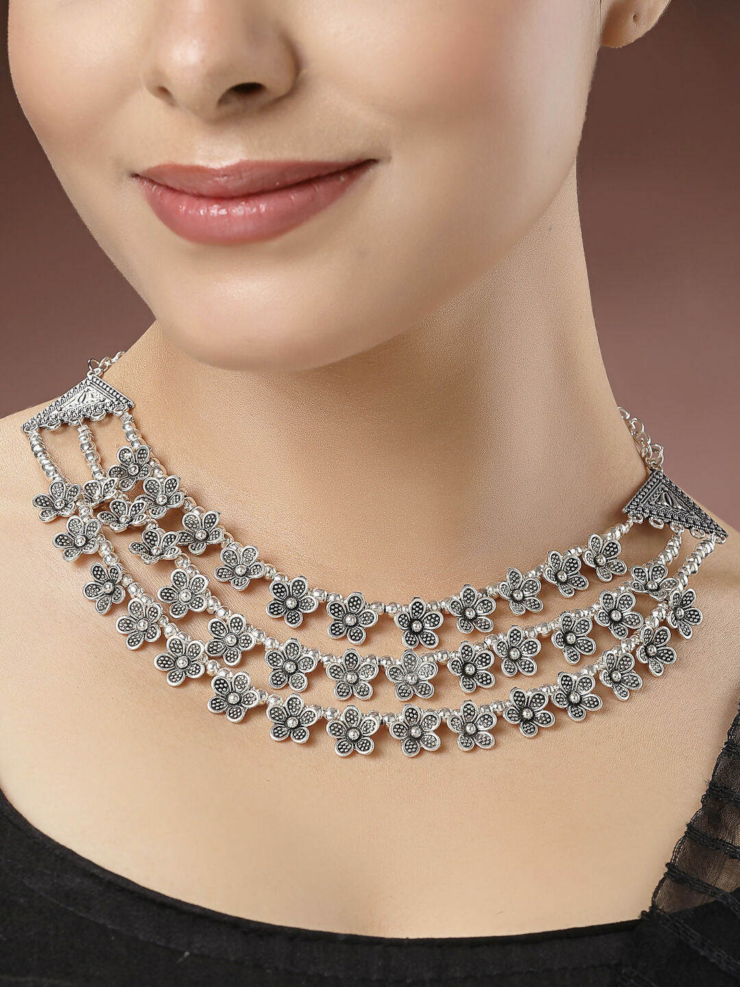 NVR Women's 3 Layered Floral Shape Artificial Beads German Silver Oxidised Necklace