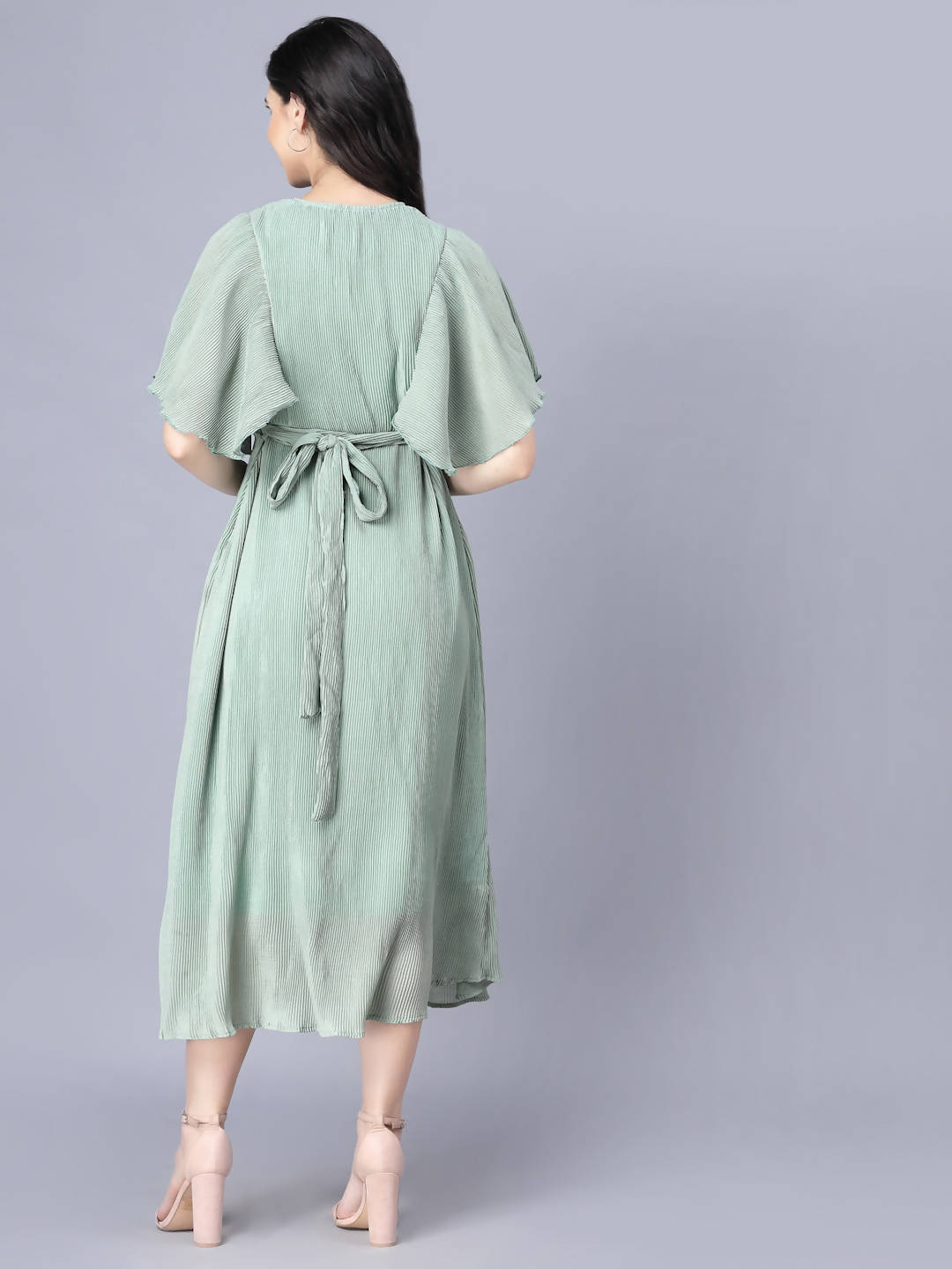 Myshka Chiffon Solid Short Sleeve V Neck Green Women Dress - Distacart