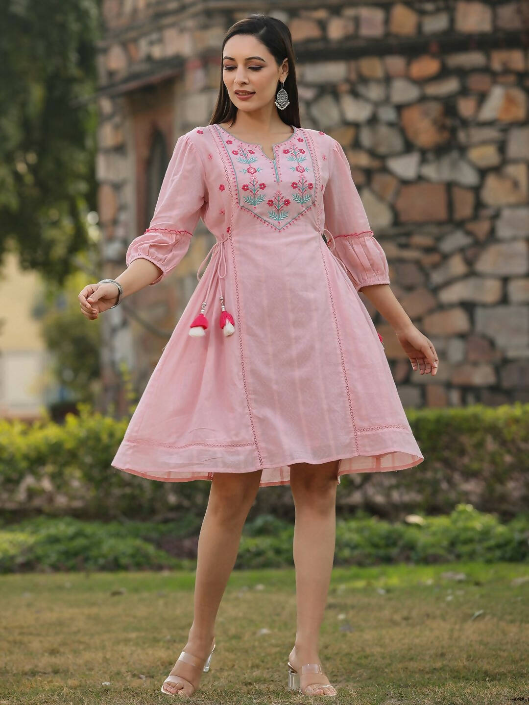 Juniper Women's Pink Cotton Dobby Embroidered Flared Dress - Distacart