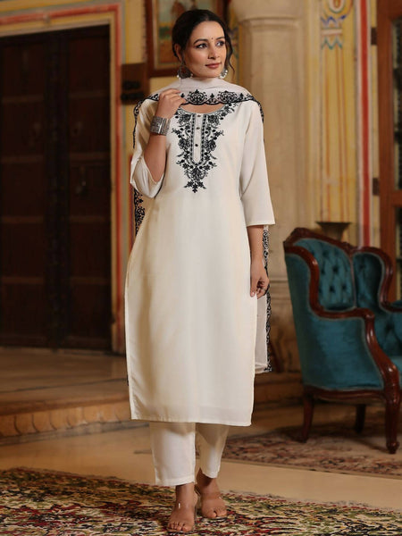 Juniper Women's White Chinnon Solid Embroidered Kurta Set