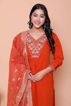 Miravan Womens Orange Embroidered Straight Kurta With Palazzo And Dupatta Set - Distacart
