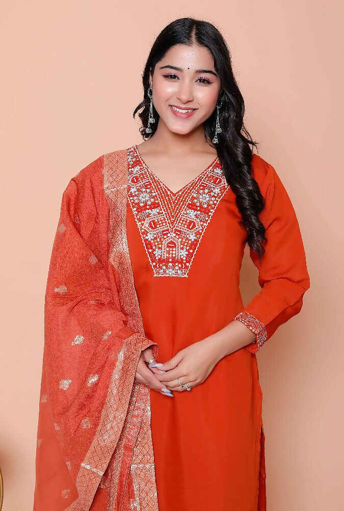 Miravan Womens Orange Embroidered Straight Kurta With Palazzo And Dupatta Set - Distacart
