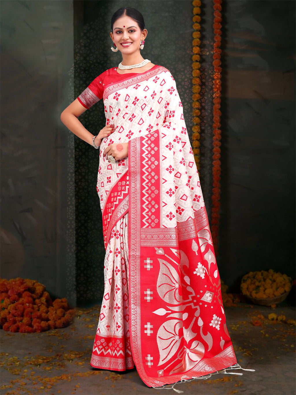 Shree Shyam Fashion Devistuti Red White Linen Cotton Saree