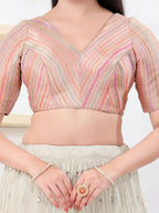 Joban Fashion Peach Jacquard Elbow Sleeveless Back Open Blouse