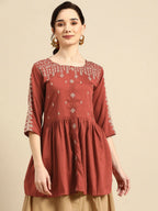 Women's Rust Viscose blend Embroidered Short Top - Marina