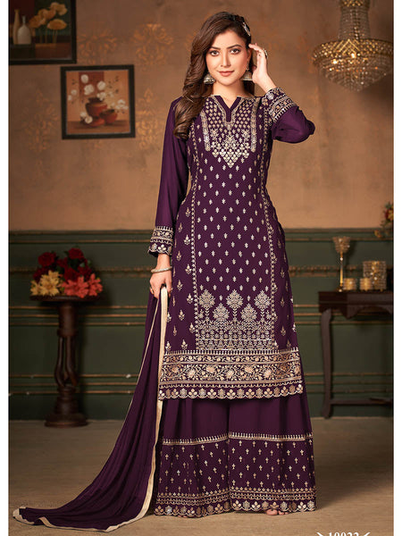 Myra Wine Faux Georgette Embroidered Sharara Suit