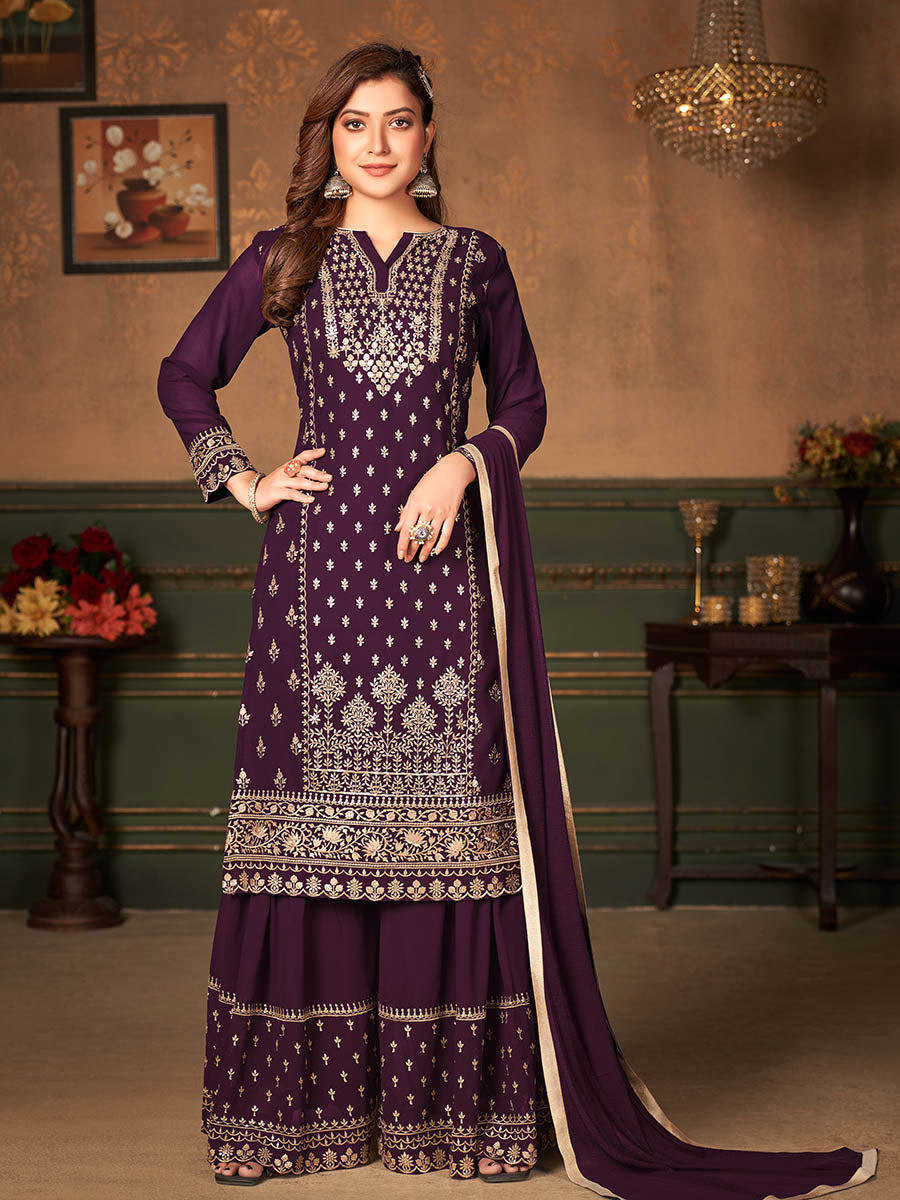 Myra Wine Faux Georgette Embroidered Sharara Suit - Distacart