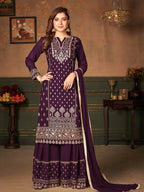 Myra Wine Faux Georgette Embroidered Sharara Suit - Distacart