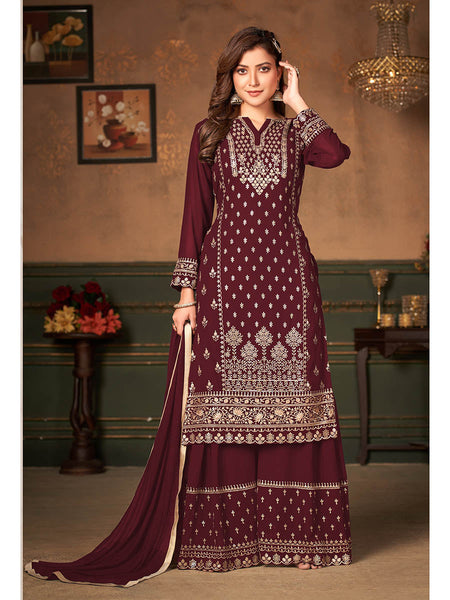 Myra Maroon Faux Georgette Embroidered Sharara Suit