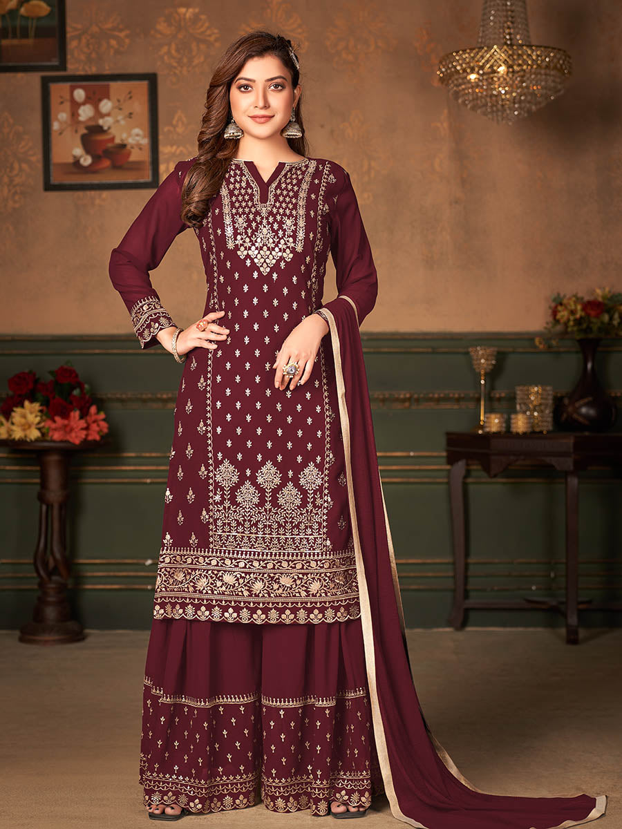 Myra Maroon Faux Georgette Embroidered Sharara Suit - Distacart