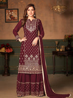 Myra Maroon Faux Georgette Embroidered Sharara Suit - Distacart