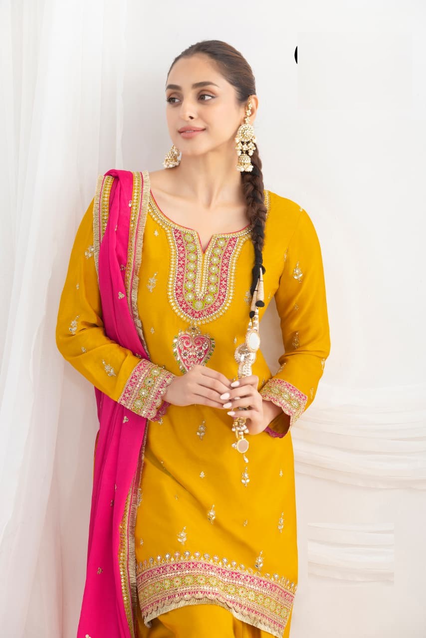 Aarshi Fashions Yellow Chinon Wedding Suits
