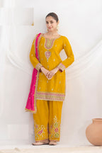 Aarshi Fashions Yellow Chinon Wedding Suits