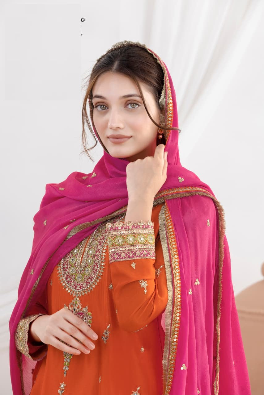 Aarshi Fashions Orange Chinon Wedding Suits