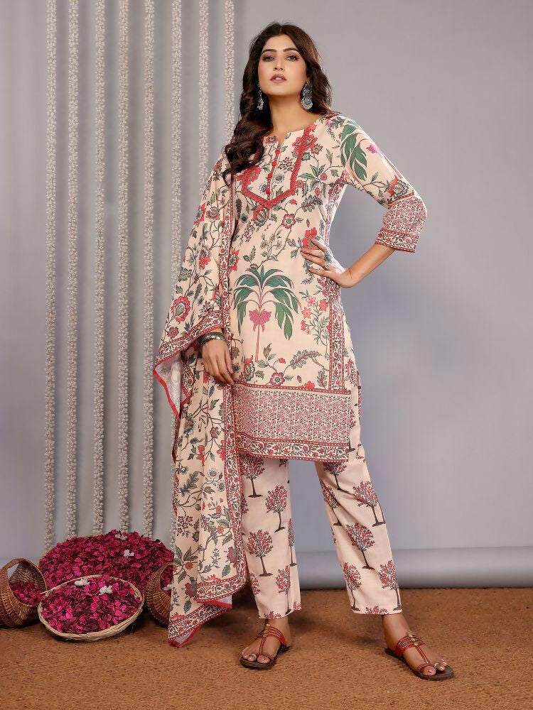 Joban Fashion Women Cream Linen Printed Stitched Kurta Set - Distacart