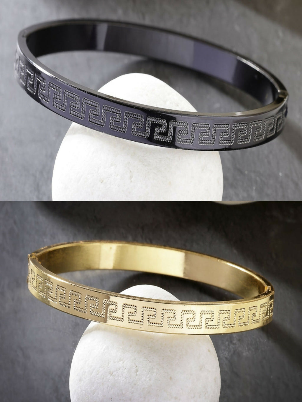 NVR Men's Set of 2 Gold & Black Rhodium-Plated Stainless Steel Kada Bracelet - Distacart