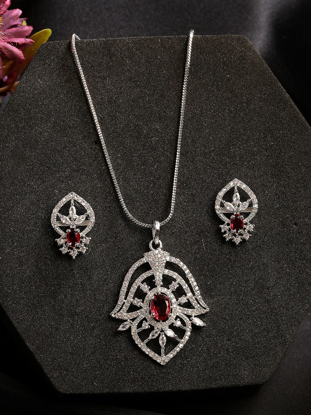 NVR Women Silver-Plated American Diamond-Studded Pendant Set