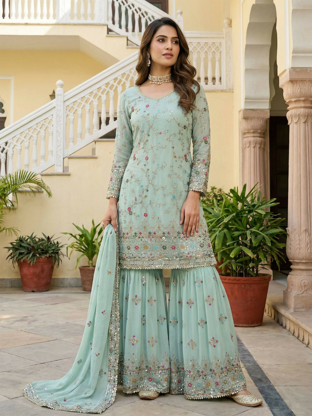 Joban Fashion Sky Georgette Embroidered Sharara Set - Distacart