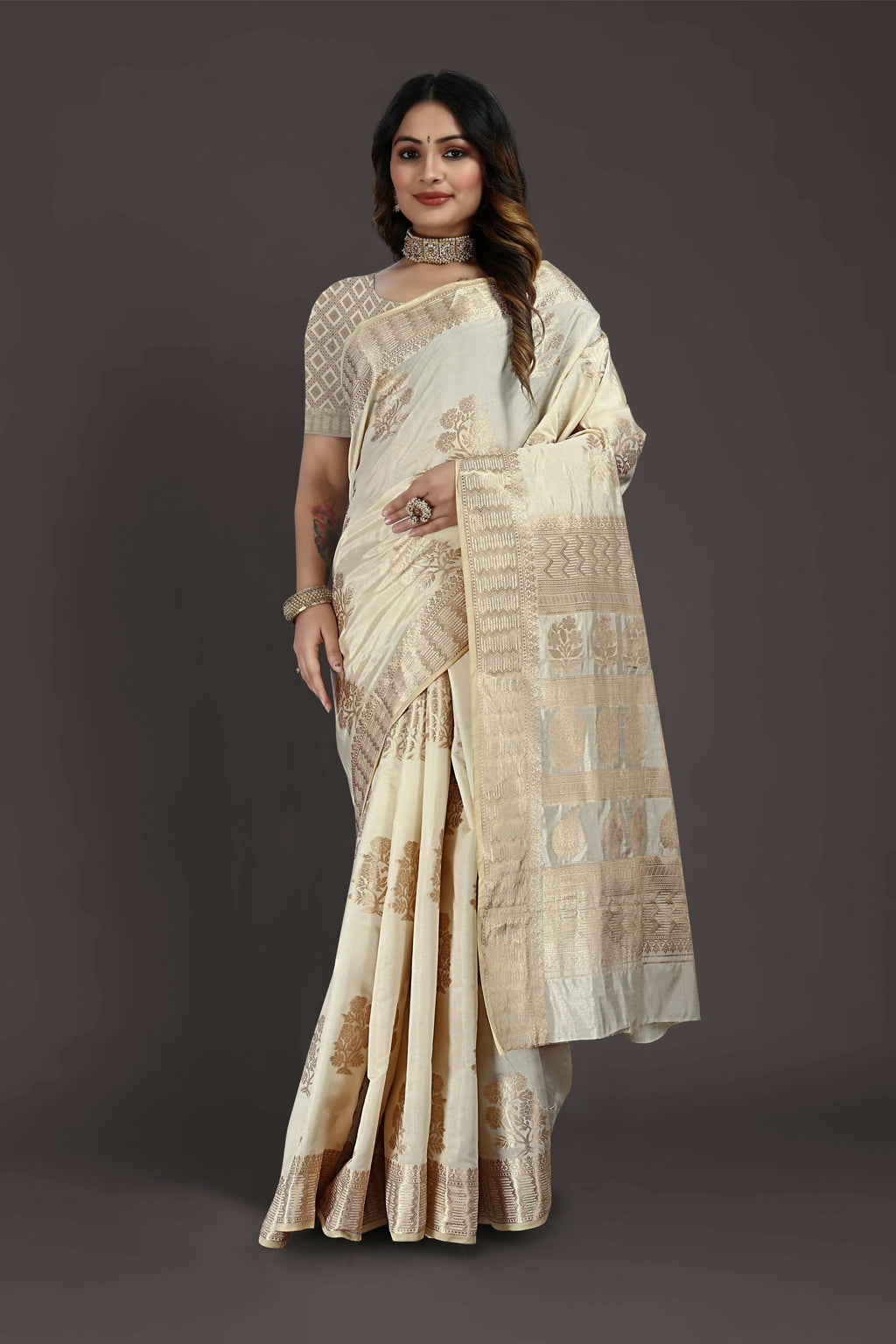 Off White Pure Raw Silk Zari Woven Saree with Unstitched Blouse Piece - Alisha