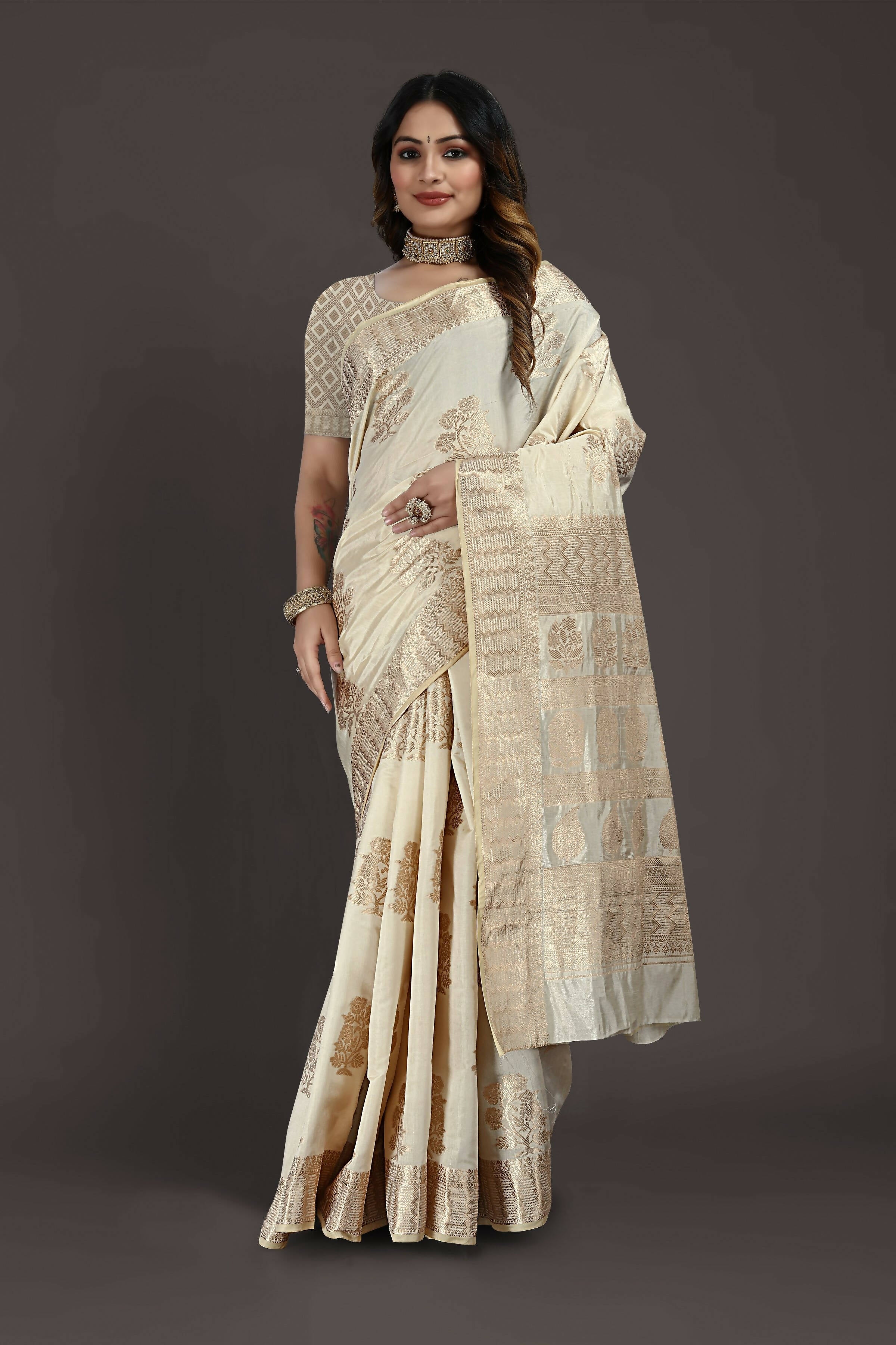 Off White Pure Raw Silk Zari Woven Saree with Unstitched Blouse Piece - Alisha