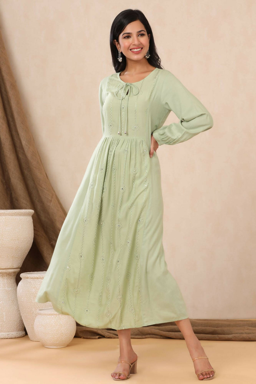 Juniper Women Lightolive Rayon Embroidered A-Line Dress - Distacart