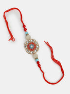 NVR Women & Men Set of 2 Red-colored Stone-Studded & Beaded Bhaiya Bhabhi Rakhi With Roli Chawal - Distacart