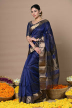 Very Much Indian Rajsi - Handloom Ari Checks Cotton Silk Saree With Golden Border - Dark Blue