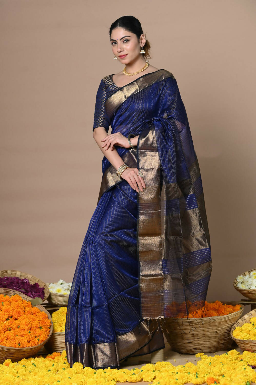 Very Much Indian Rajsi - Handloom Ari Checks Cotton Silk Saree With Golden Border - Dark Blue