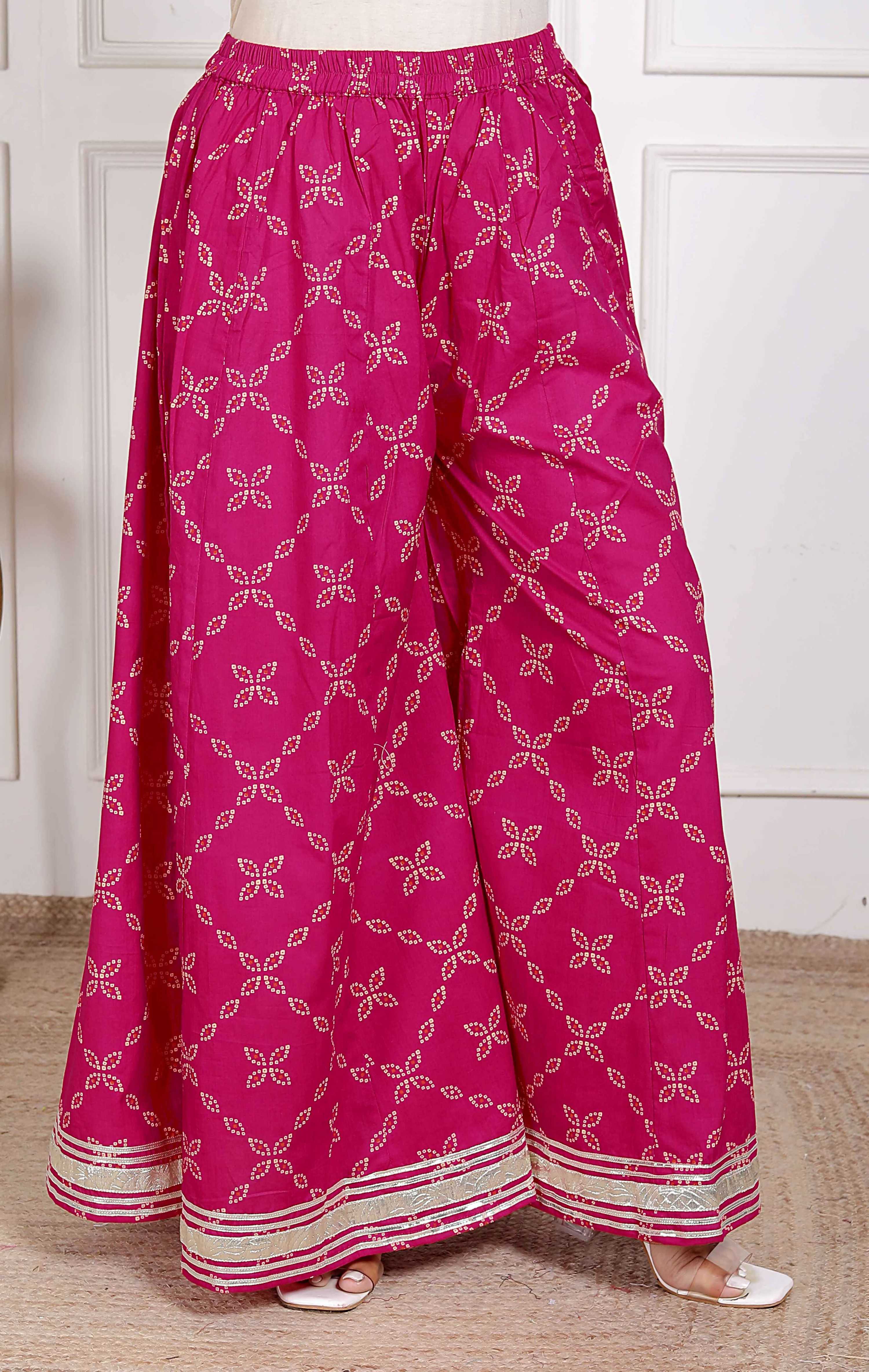 Miravan Women's Pink Bandhani Printed Straight Kurta with Palazzo & Dupatta