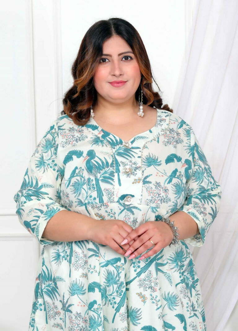 Miravan Women's Plus Size Light Green Cotton Gota Patti And Lace Border Details Birds And Leaf Floral Printed Anarkali Kurta