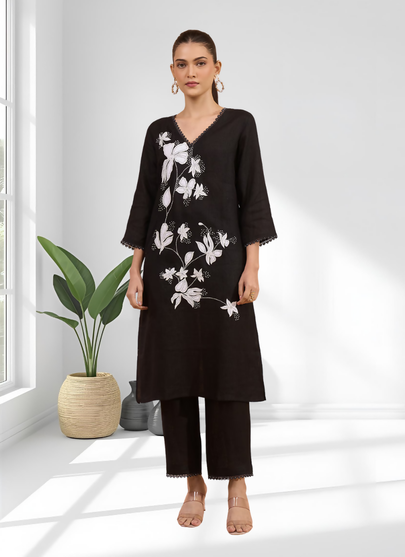 Joban Fashion Black Linen Embroidered Readymade Long Kurta With Pant - Distacart