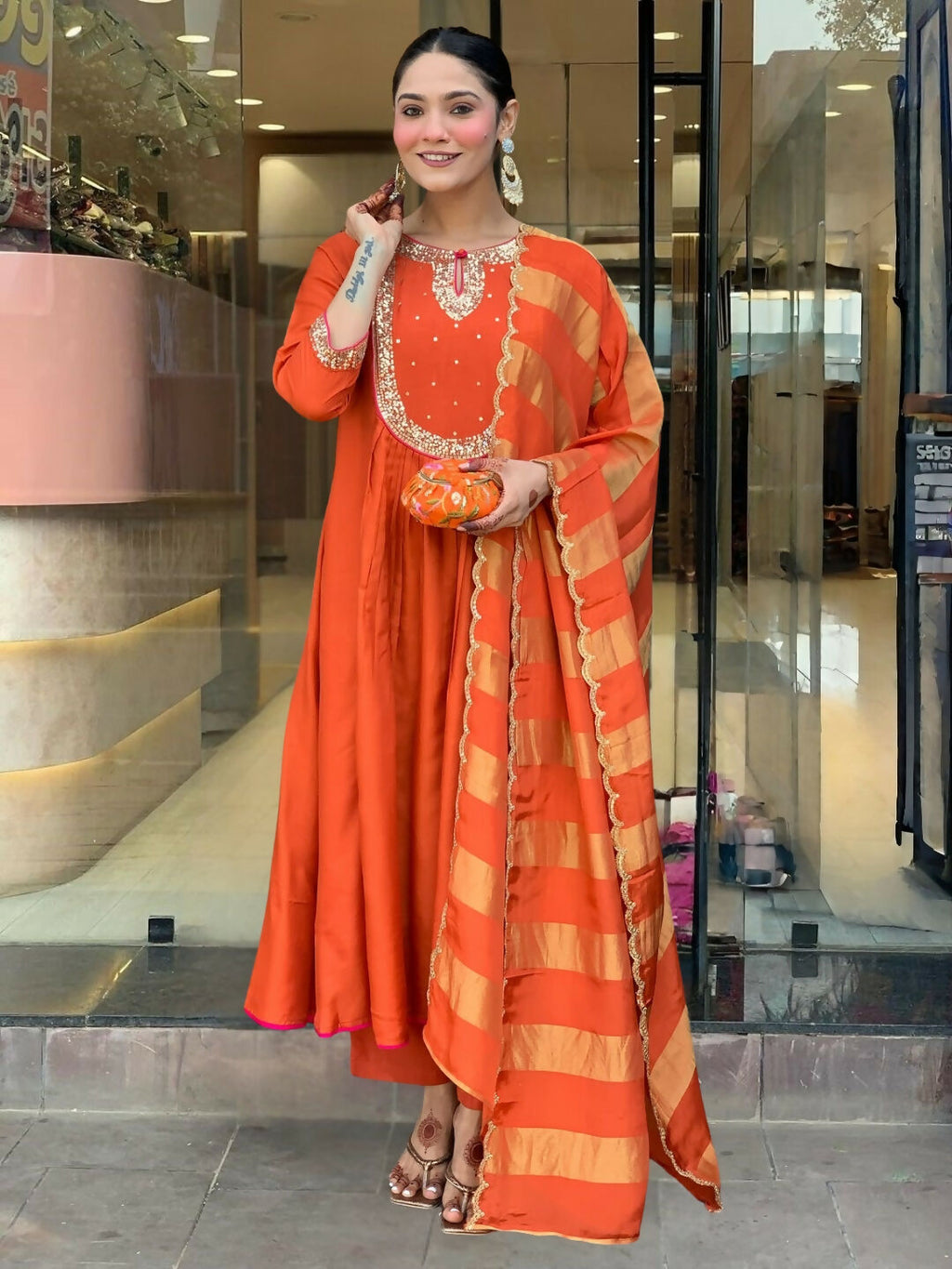 The52 Rust Women's Gorgeous Embroidered Work Chanderi Fabric Flared Kurta Pant and Dupatta Set - Distacart