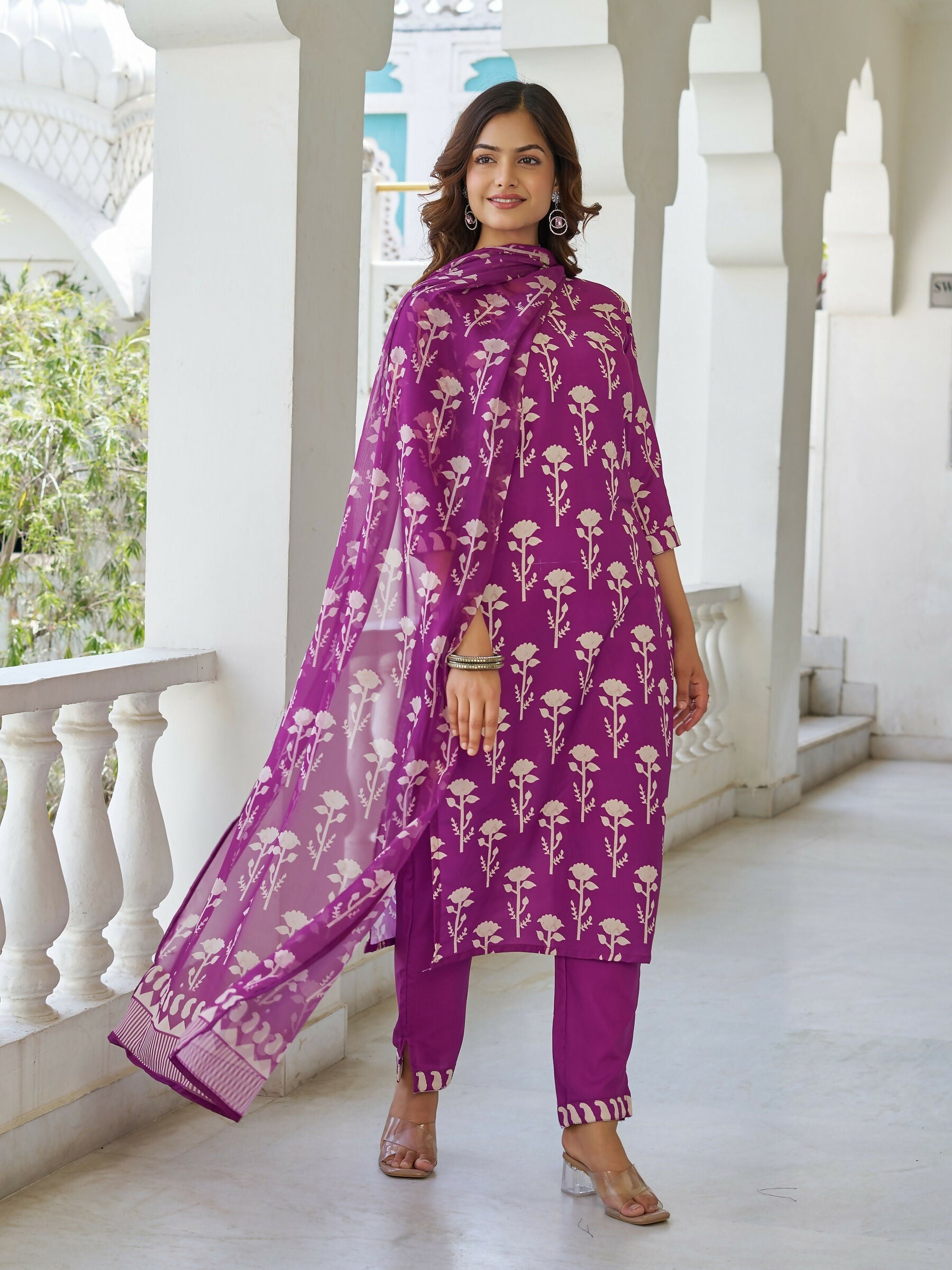 The52 Wine Women's Beautiful Cotton Blend Fabric Printed Work Straight Kurta, Pant and Dupatta Set - Distacart