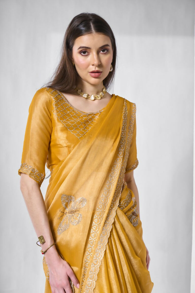 Yellow Burburry silk Swarovski Designer Work Saree - Shezlin