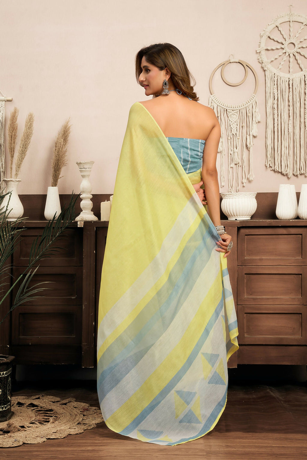 Joban Fashion Bright Yellow Striped & Geomatric Linen Ready To Wear Saree With Unstitched Blouse - Distacart