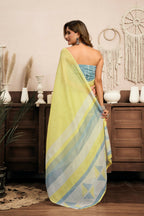 Joban Fashion Bright Yellow Striped & Geomatric Linen Ready To Wear Saree With Unstitched Blouse - Distacart
