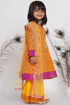 Little Bansi Girls Cotton Kurta frock with booti work,Sharara & Dupatta - Yellow